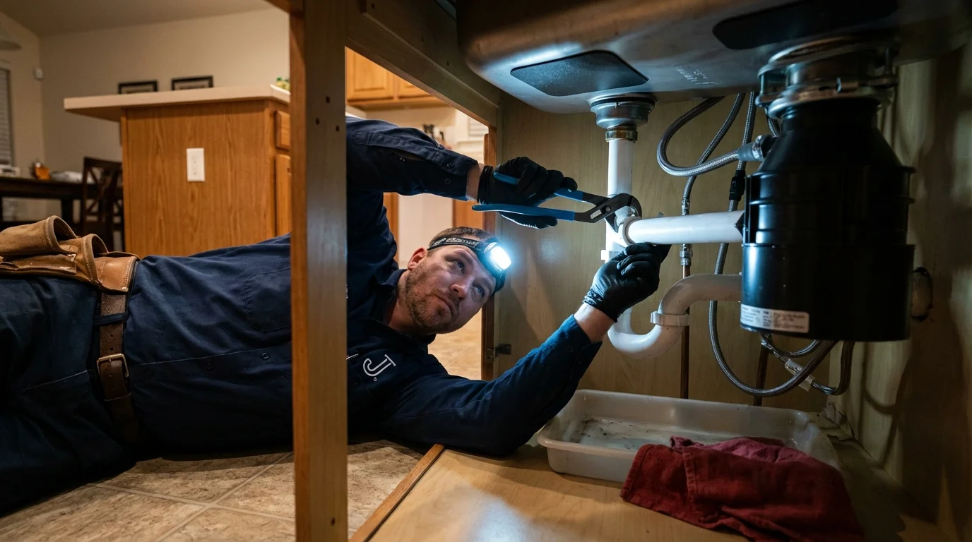 P-trap and supply line connections under a kitchen sink showing a common leak point in Clayton, AL